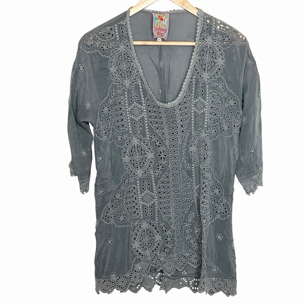 Johnny Was Embroidered Tunic Top Gray Womens XS Cupra Boho Festival Hippie Solid